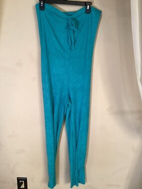Vintage terry cloth Turquoise Strapless Jumpsuit with Tie Waist